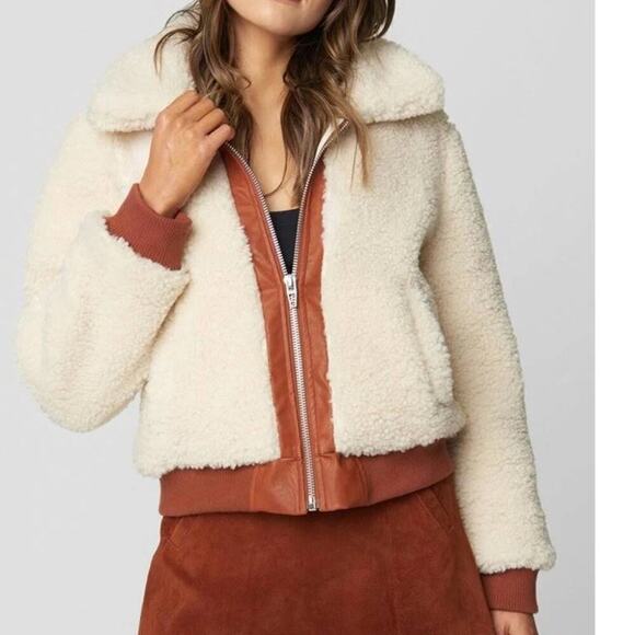 [BLANKNYC] Womens Medium Faux Sherpa Jacket Vegan Leather Trim Cropped Midweight - Picture 1 of 10